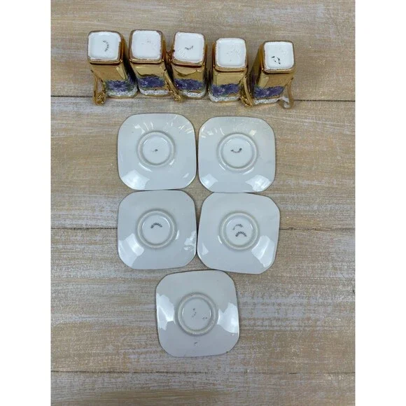 5 Bone China Gold Encrusted Floral Square Demi-Tasse Cups & Saucers Germany